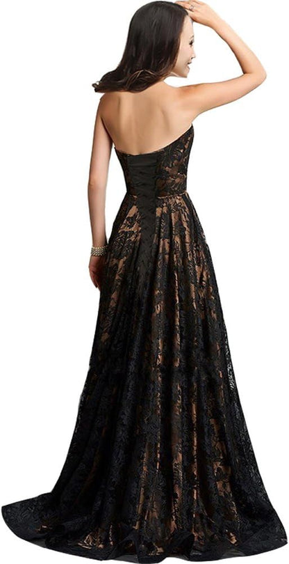 Strapless Black Lace High Low Long a Line Corset Prom Evening Formal Dresses