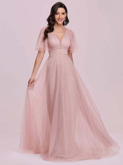 Women'S Illusion Short Sleeve Summer Tulle Bridesmaid Dresses for Wedding 0278