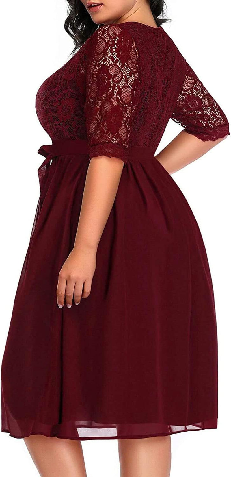 plus Size Lace Chiffon Wrap V Neck Dresses Women Cocktail Wedding Guest Midi Dress