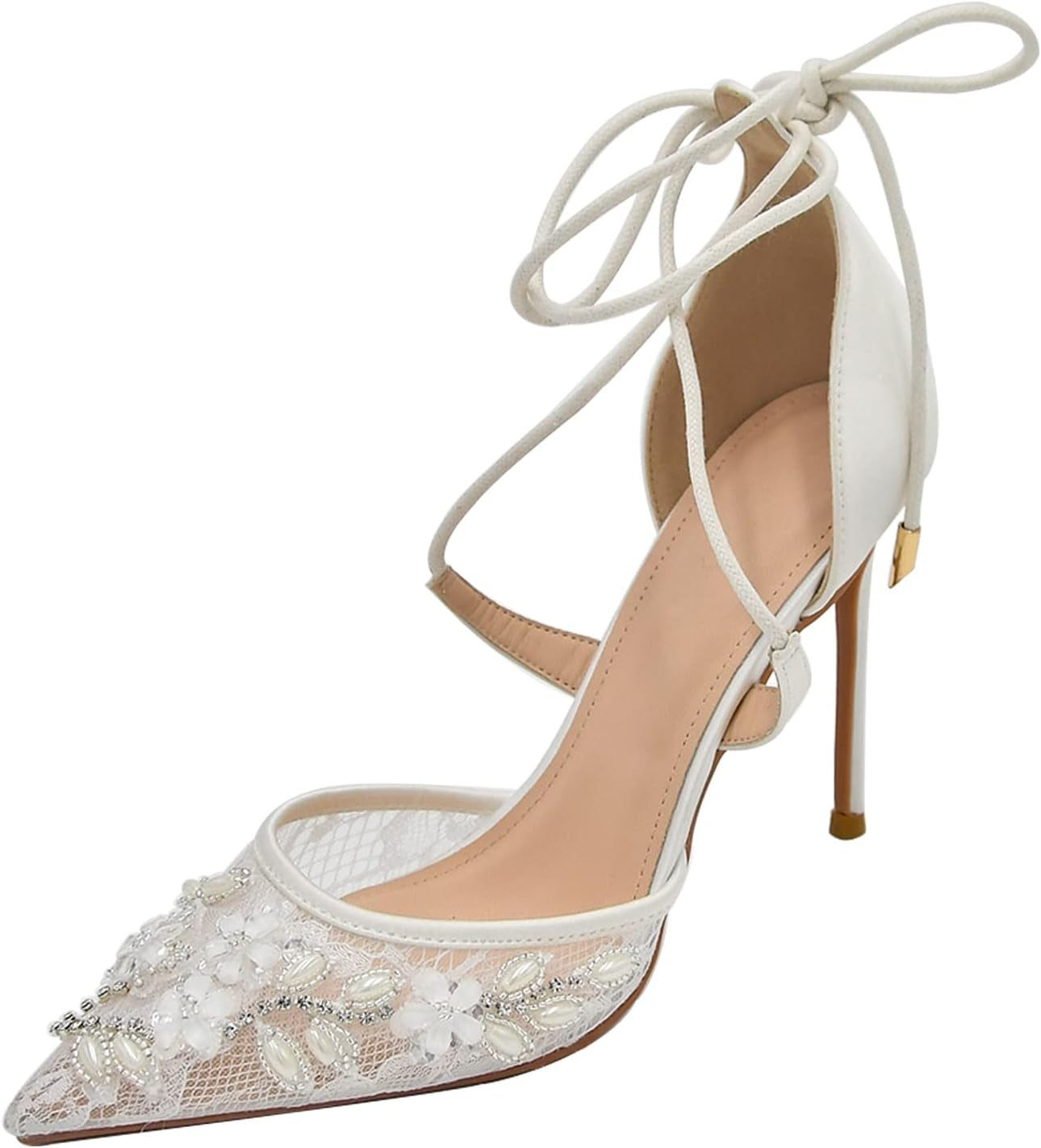 Bridal Wedding Shoes Pointed Toe Dress Pumps Stiletto Heels with Lace Embroidery White