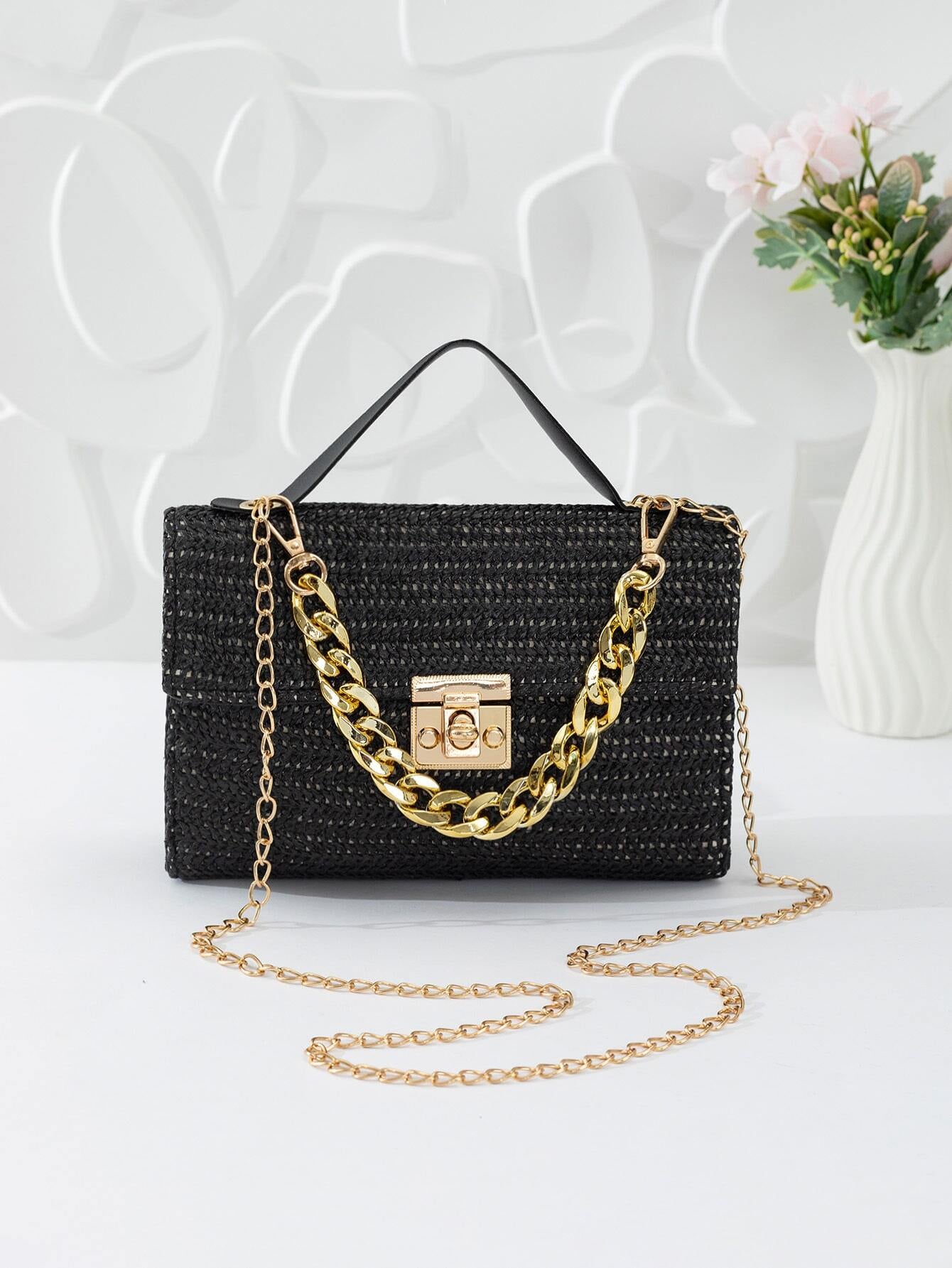 Quilted Square Bag Chain Decor Satchel Bag for Women Quilted Crossbody Bag Fashionable Chain Clutch Bag Shoulder Bag Square Bag Satchel Bag