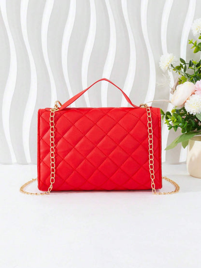 Quilted Square Bag Chain Decor Satchel Bag for Women Quilted Crossbody Bag Fashionable Chain Clutch Bag Shoulder Bag Square Bag Satchel Bag