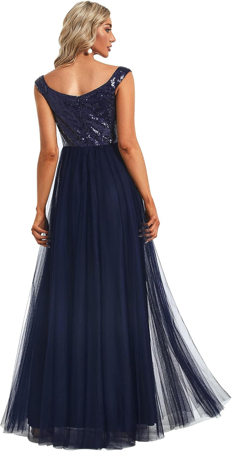 Womens V Neck Sequin Tulle a Line Evening Formal Dress 0277