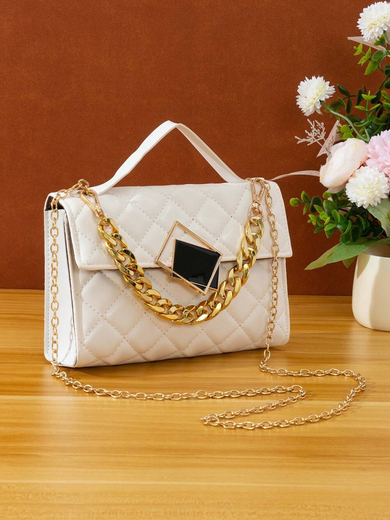 Quilted Square Bag Chain Decor Satchel Bag for Women Quilted Crossbody Bag Fashionable Chain Clutch Bag Shoulder Bag Square Bag Satchel Bag