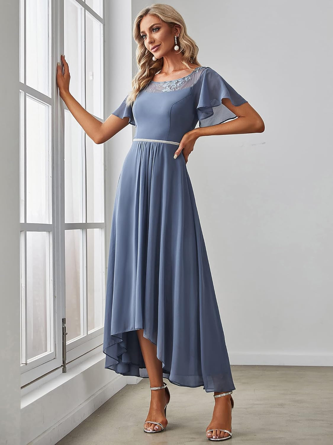 Women'S Ruffles Sleeve Bridesmaid Dress High Low Beaded Chiffon Midi Mother of the Bride Dresses 00465