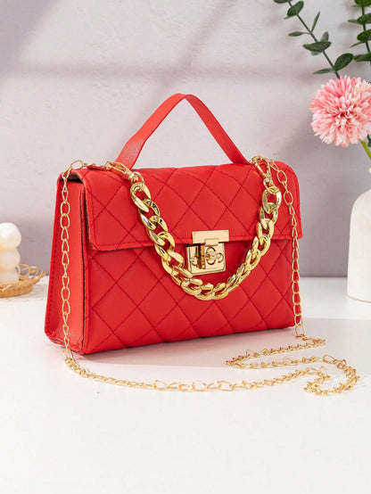 Quilted Square Bag Chain Decor Satchel Bag for Women Quilted Crossbody Bag Fashionable Chain Clutch Bag Shoulder Bag Square Bag Satchel Bag