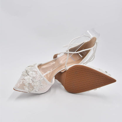 Bridal Wedding Shoes Pointed Toe Dress Pumps Stiletto Heels with Lace Embroidery White