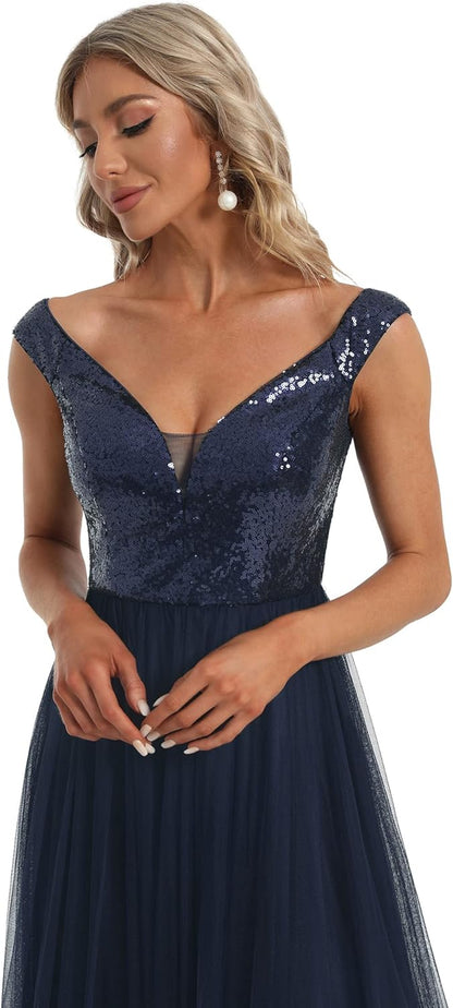 Womens V Neck Sequin Tulle a Line Evening Formal Dress 0277