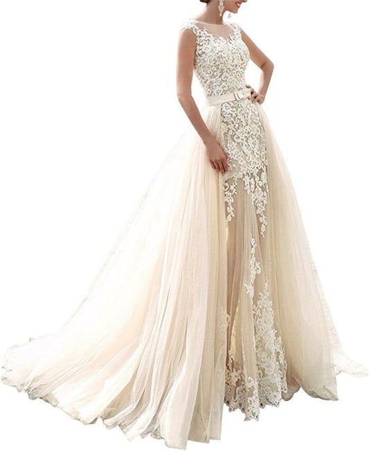 Women Lace Applique Mermaid Wedding Dress Sleeveless