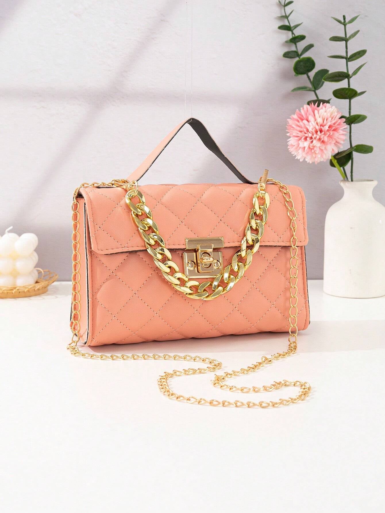 Quilted Square Bag Chain Decor Satchel Bag for Women Quilted Crossbody Bag Fashionable Chain Clutch Bag Shoulder Bag Square Bag Satchel Bag