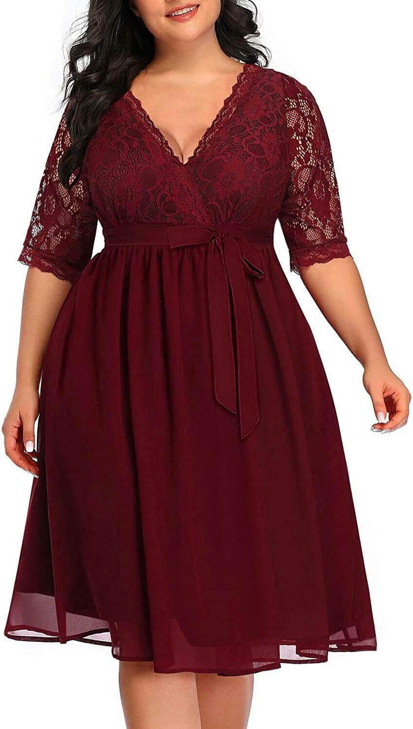 plus Size Lace Chiffon Wrap V Neck Dresses Women Cocktail Wedding Guest Midi Dress