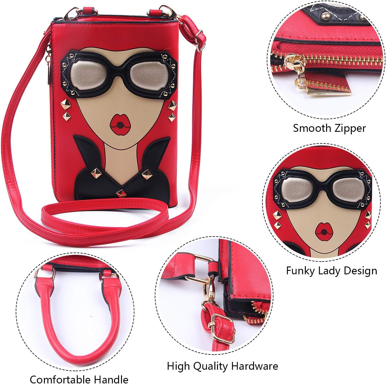 Women Novelty Lady Face Shoulder Bags Funky PU Leather Top Handle Satchel Handbags Clutch Purse for Women