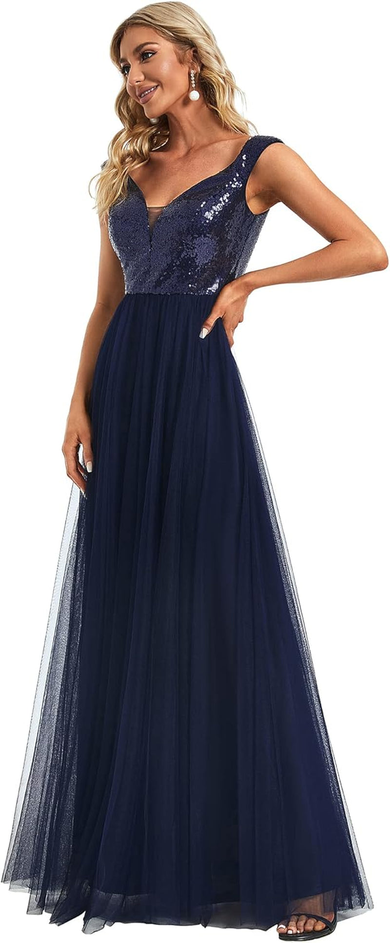 Womens V Neck Sequin Tulle a Line Evening Formal Dress 0277