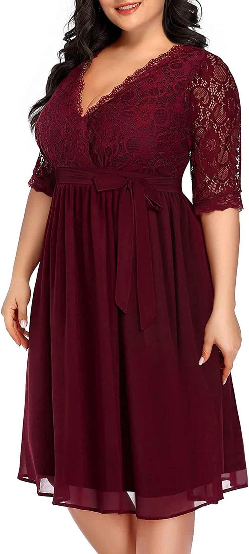 plus Size Lace Chiffon Wrap V Neck Dresses Women Cocktail Wedding Guest Midi Dress