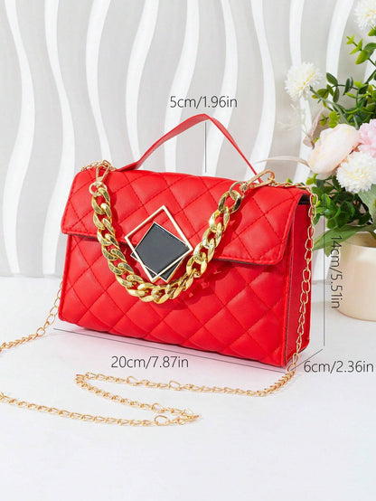 Quilted Square Bag Chain Decor Satchel Bag for Women Quilted Crossbody Bag Fashionable Chain Clutch Bag Shoulder Bag Square Bag Satchel Bag