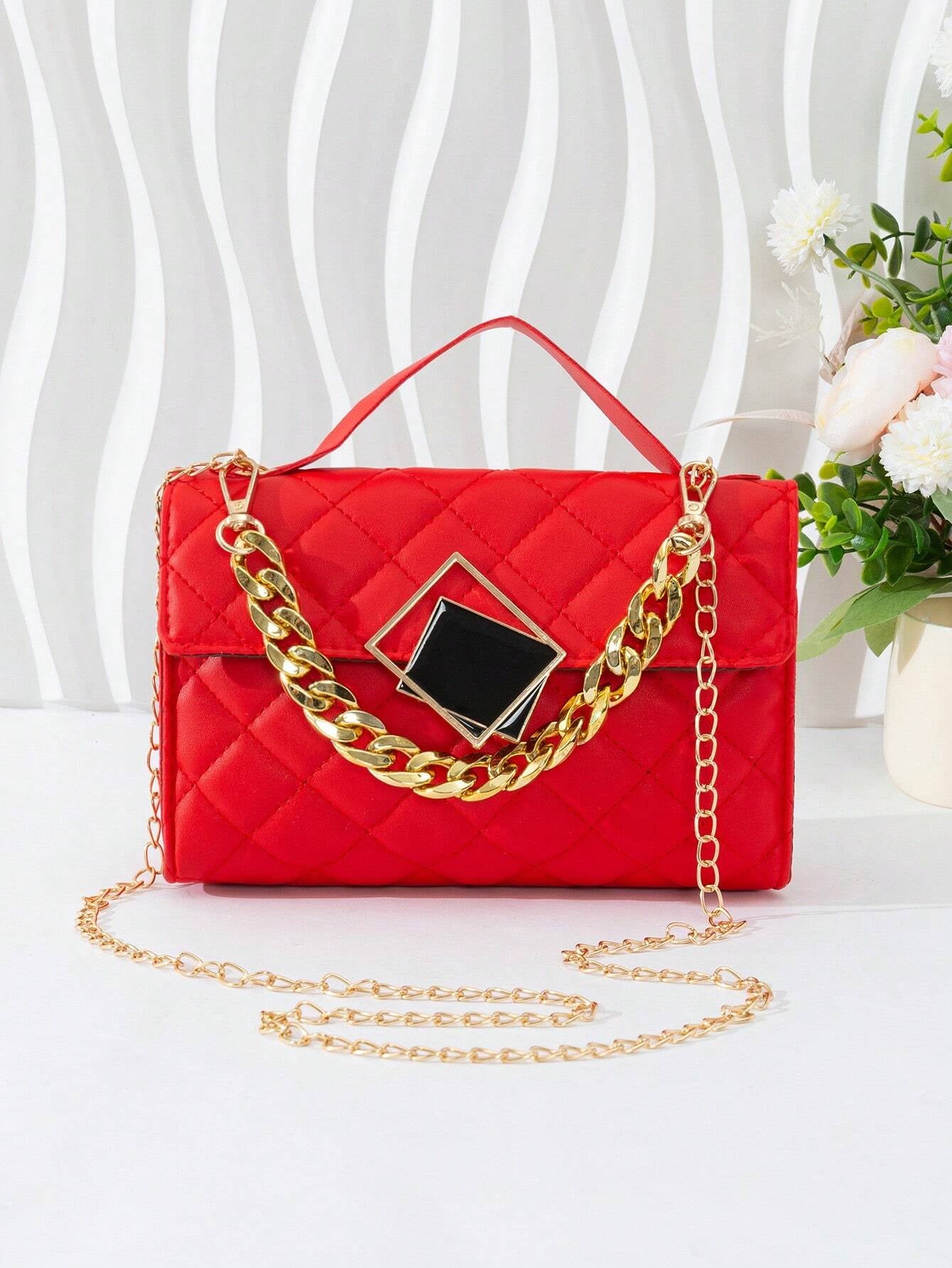 Quilted Square Bag Chain Decor Satchel Bag for Women Quilted Crossbody Bag Fashionable Chain Clutch Bag Shoulder Bag Square Bag Satchel Bag