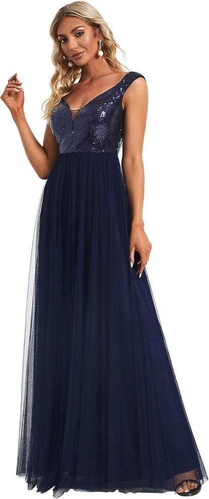 Womens V Neck Sequin Tulle a Line Evening Formal Dress 0277