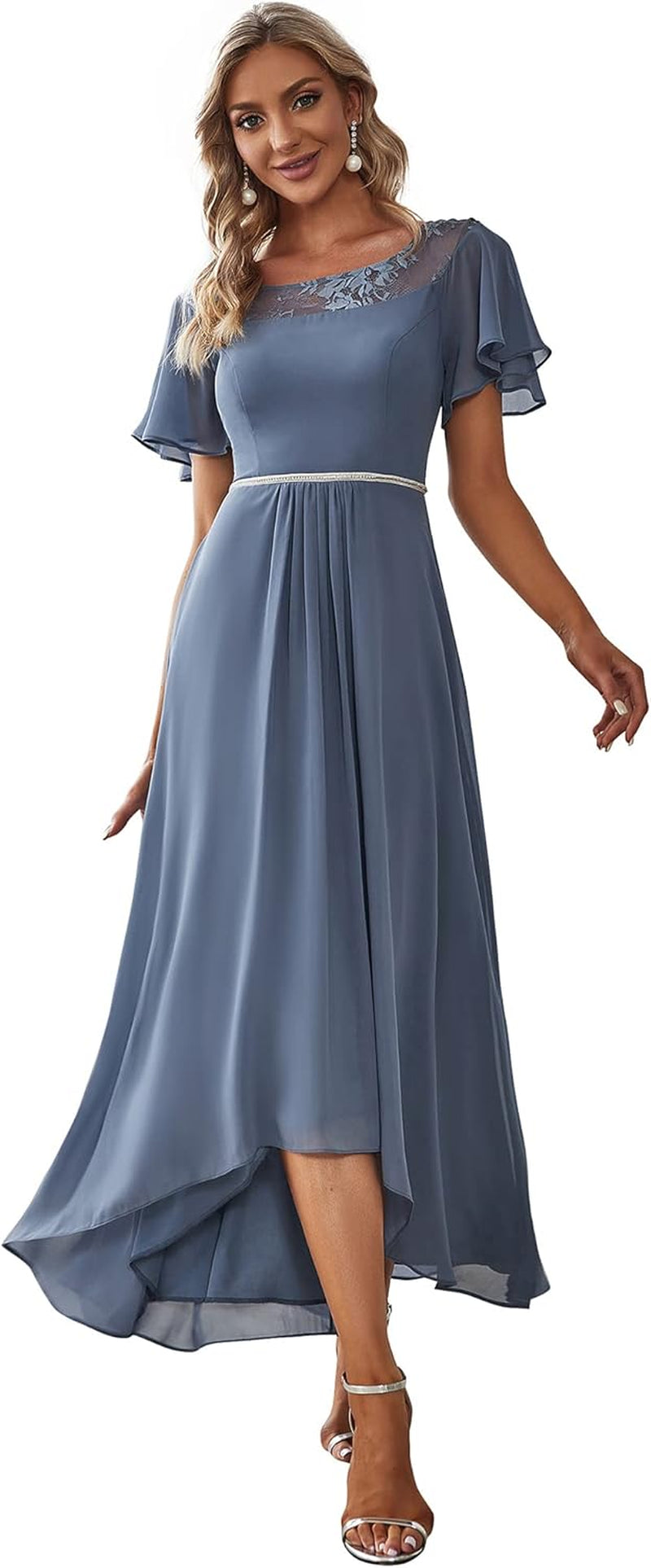 Women'S Ruffles Sleeve Bridesmaid Dress High Low Beaded Chiffon Midi Mother of the Bride Dresses 00465