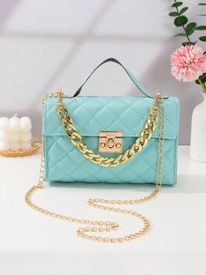 Quilted Square Bag Chain Decor Satchel Bag for Women Quilted Crossbody Bag Fashionable Chain Clutch Bag Shoulder Bag Square Bag Satchel Bag