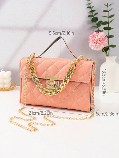 Quilted Square Bag Chain Decor Satchel Bag for Women Quilted Crossbody Bag Fashionable Chain Clutch Bag Shoulder Bag Square Bag Satchel Bag