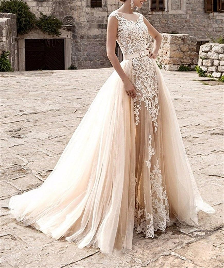 Women Lace Applique Mermaid Wedding Dress Sleeveless