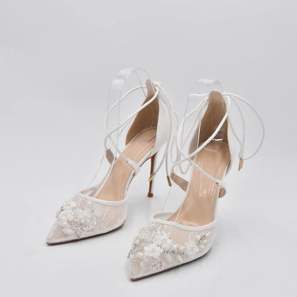 Bridal Wedding Shoes Pointed Toe Dress Pumps Stiletto Heels with Lace Embroidery White