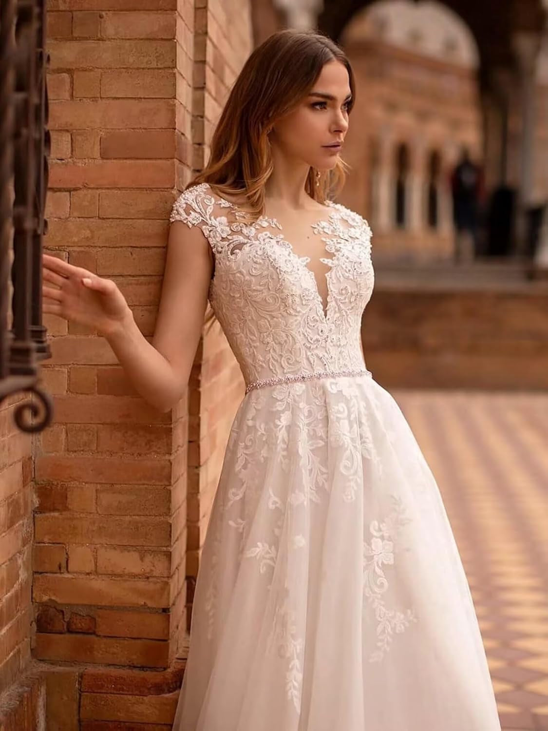 Wedding Dresses for Bride 2025 V Neck Beaded Straps Lace Appliques Bridal Gown for Women