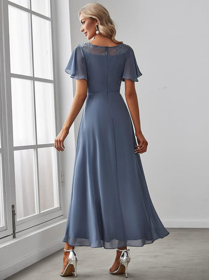 Women'S Ruffles Sleeve Bridesmaid Dress High Low Beaded Chiffon Midi Mother of the Bride Dresses 00465