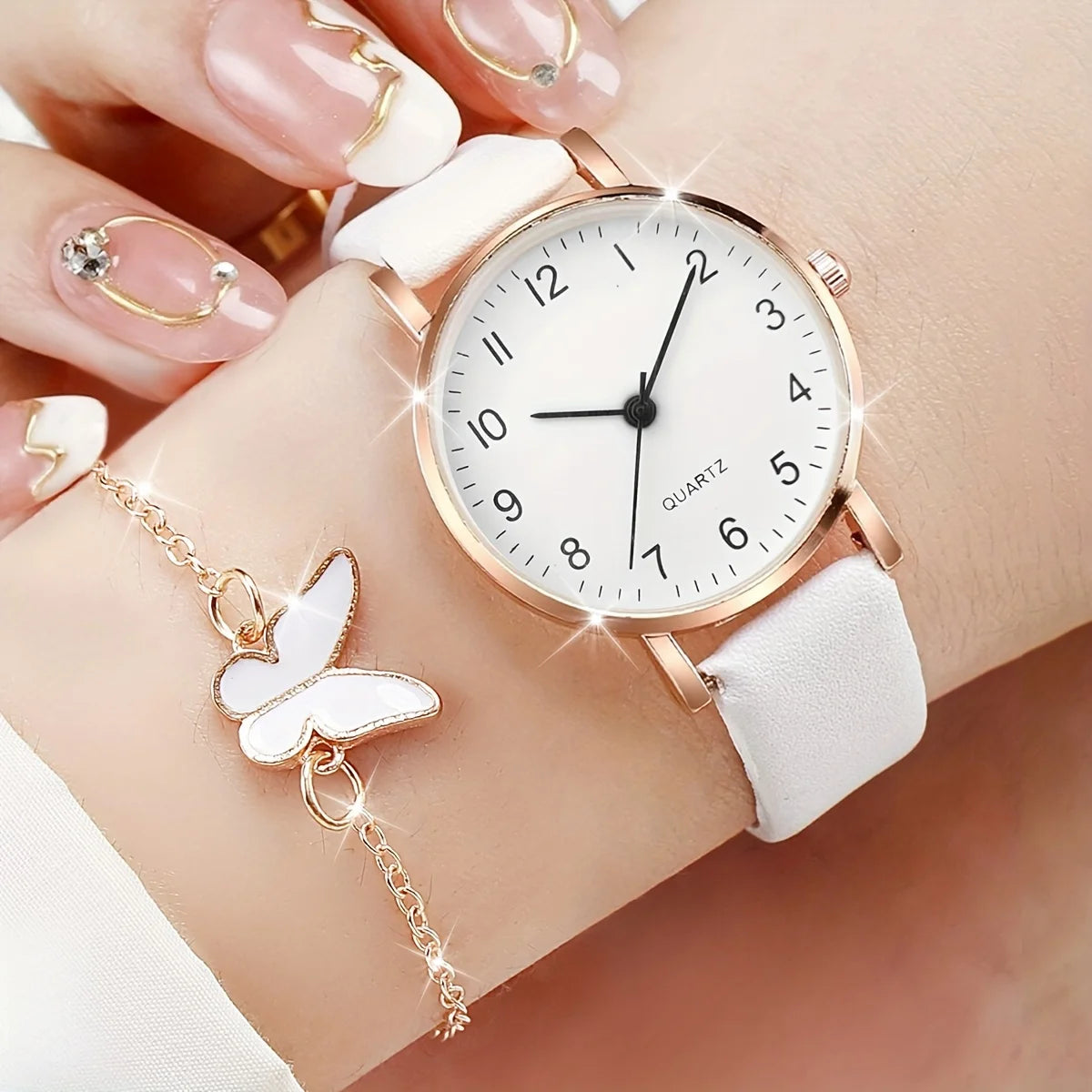 6Pcs/Set Women'S Watch Casual Arabic Dial Quartz Watch Analog PU Leather Wrist Watches Butterfly Jewelry Set(Without Box)