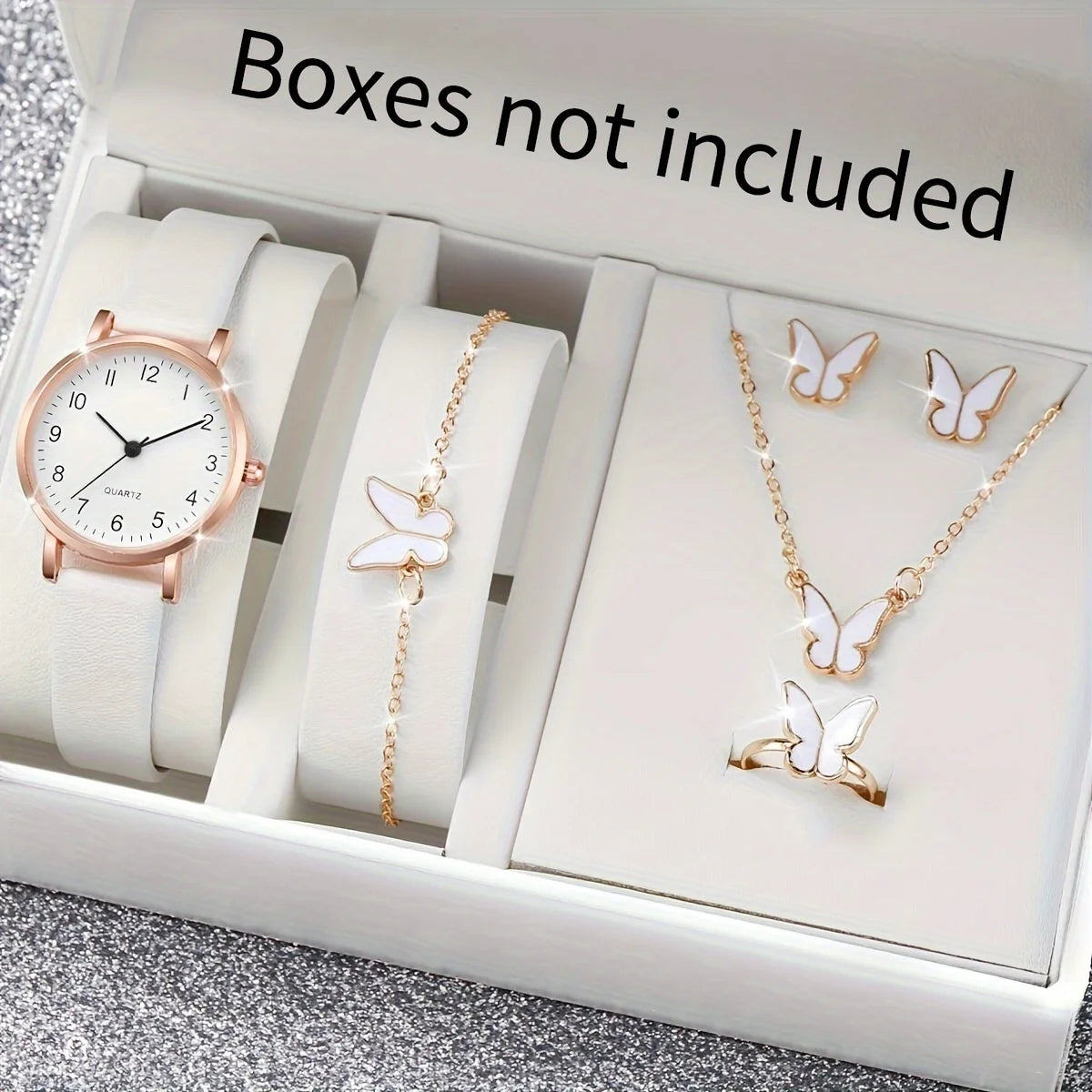 6Pcs/Set Women'S Watch Casual Arabic Dial Quartz Watch Analog PU Leather Wrist Watches Butterfly Jewelry Set(Without Box)