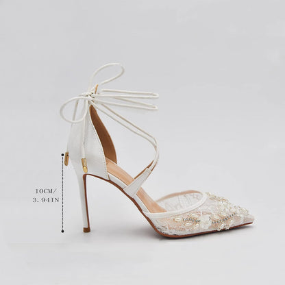 Bridal Wedding Shoes Pointed Toe Dress Pumps Stiletto Heels with Lace Embroidery White