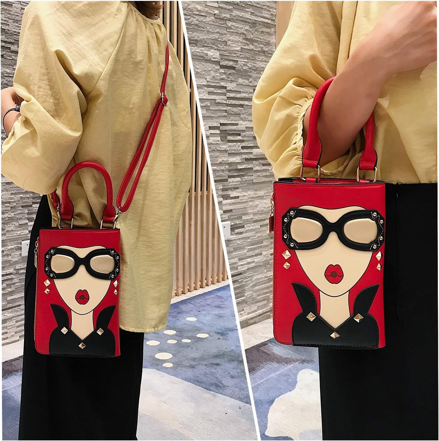 Women Novelty Lady Face Shoulder Bags Funky PU Leather Top Handle Satchel Handbags Clutch Purse for Women