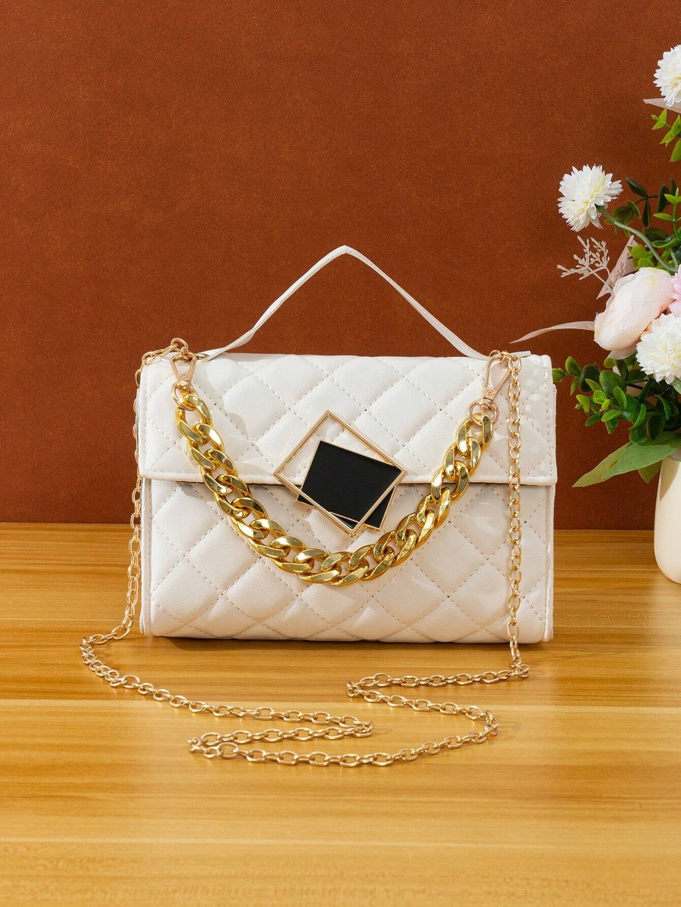 Quilted Square Bag Chain Decor Satchel Bag for Women Quilted Crossbody Bag Fashionable Chain Clutch Bag Shoulder Bag Square Bag Satchel Bag