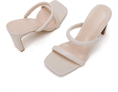 Womens Square Open Toe Heeled Sandals Two Strap High Heel Backless Dress Slip on Mules