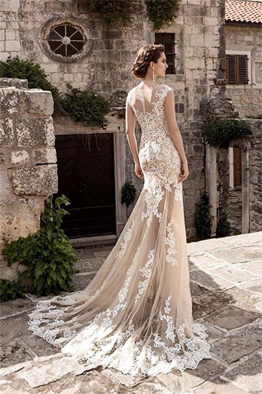 Women Lace Applique Mermaid Wedding Dress Sleeveless