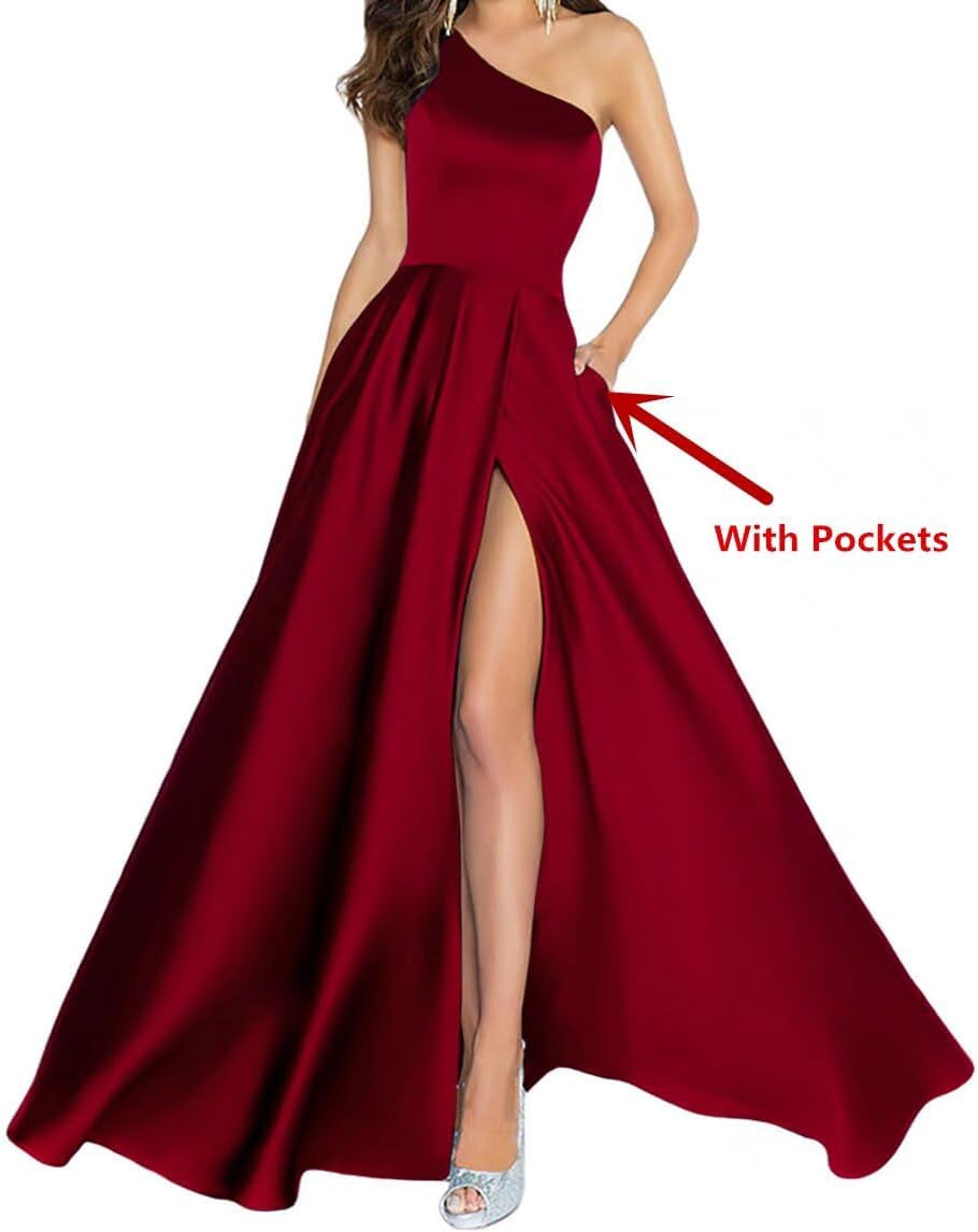 Women'S One Shoulder Prom Dress Long Satin a Line Elegant Formal Evening Gowns Floor Length Bridesmaids Dresses