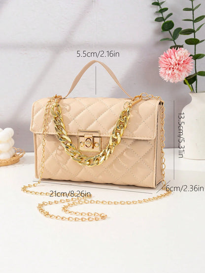 Quilted Square Bag Chain Decor Satchel Bag for Women Quilted Crossbody Bag Fashionable Chain Clutch Bag Shoulder Bag Square Bag Satchel Bag