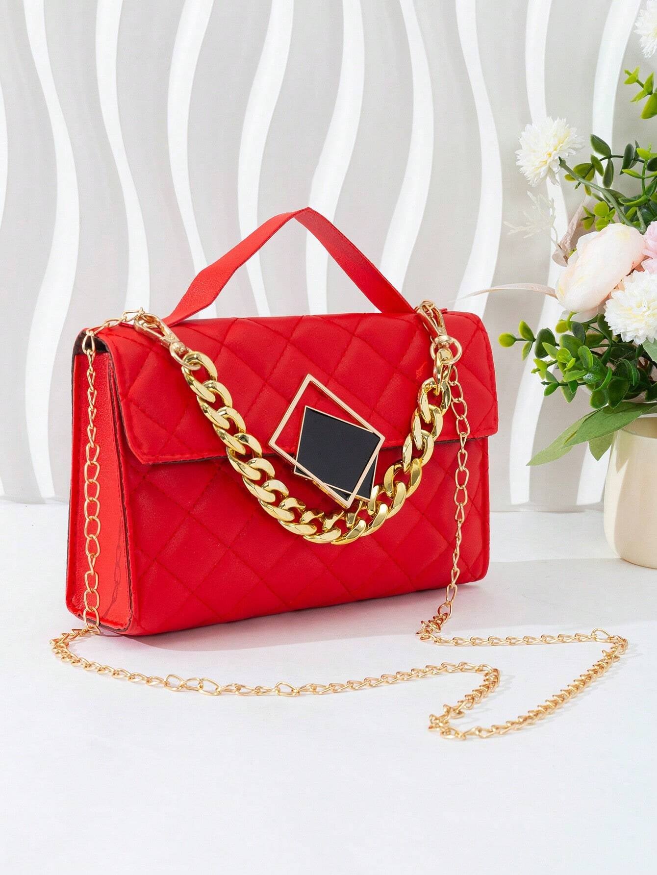 Quilted Square Bag Chain Decor Satchel Bag for Women Quilted Crossbody Bag Fashionable Chain Clutch Bag Shoulder Bag Square Bag Satchel Bag