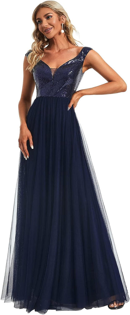 Womens V Neck Sequin Tulle a Line Evening Formal Dress 0277