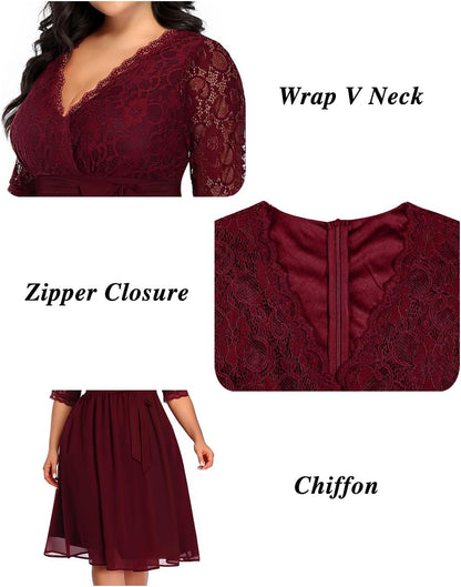 plus Size Lace Chiffon Wrap V Neck Dresses Women Cocktail Wedding Guest Midi Dress