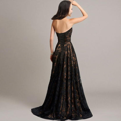 Strapless Black Lace High Low Long a Line Corset Prom Evening Formal Dresses