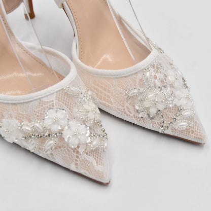 Bridal Wedding Shoes Pointed Toe Dress Pumps Stiletto Heels with Lace Embroidery White