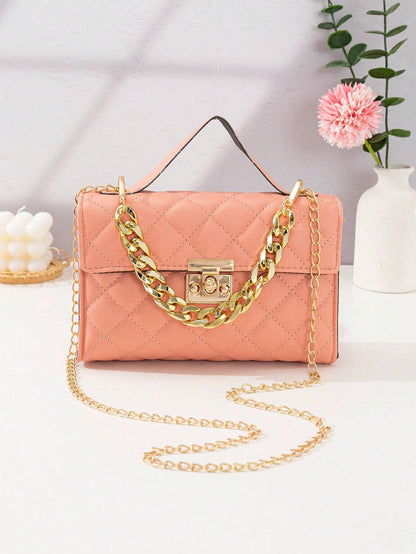 Quilted Square Bag Chain Decor Satchel Bag for Women Quilted Crossbody Bag Fashionable Chain Clutch Bag Shoulder Bag Square Bag Satchel Bag