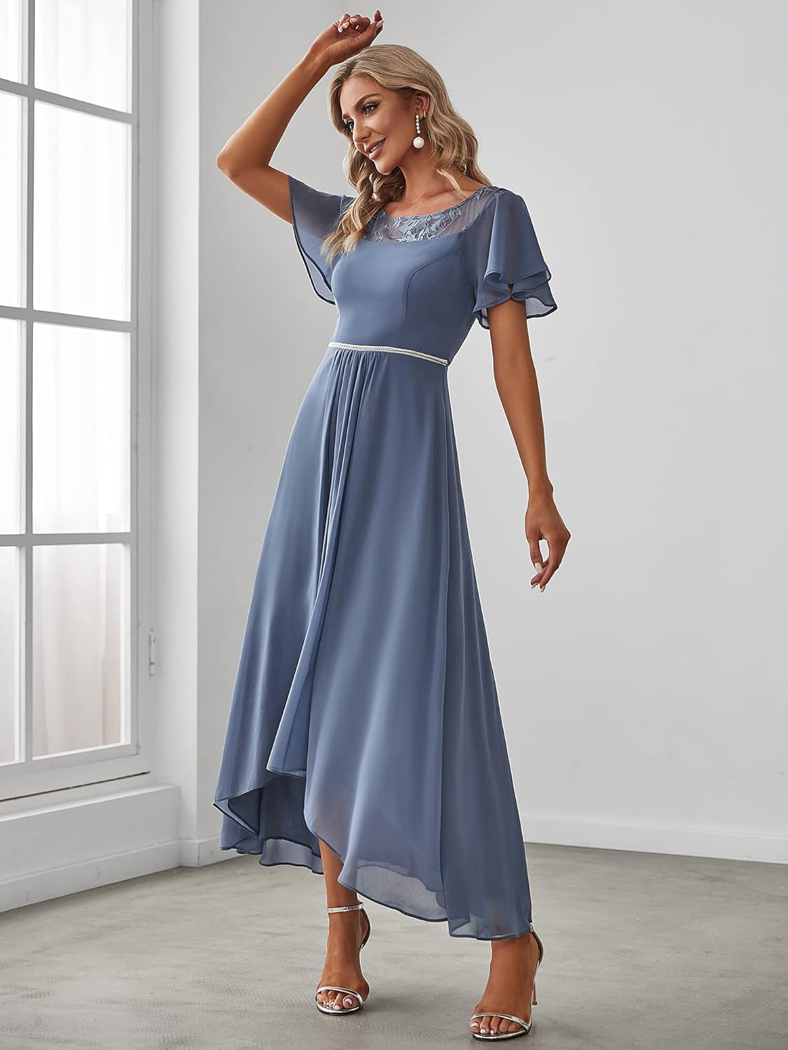 Women'S Ruffles Sleeve Bridesmaid Dress High Low Beaded Chiffon Midi Mother of the Bride Dresses 00465